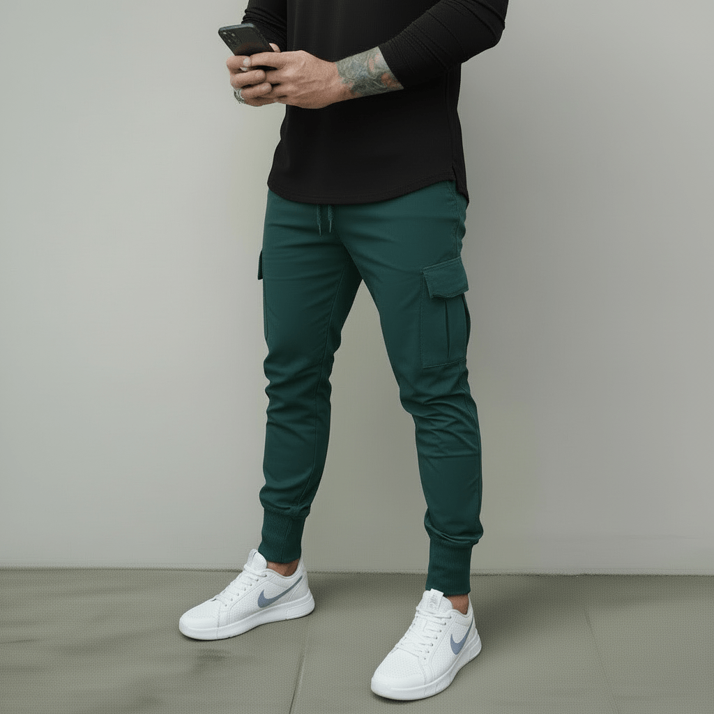 Person wearing a black long-sleeve shirt, teal cargo pants, and black sneakers against a beige wall.