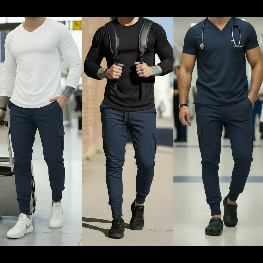 Three different outfits worn by a person with navy pants in various settings.