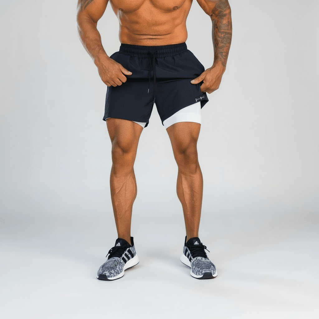 Person wearing navy athletic shorts with a white patch on a plain background