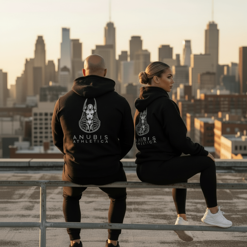 Person wearing a hoodie with 'Anubis Athletics' logo overlooking a city skyline at sunset.