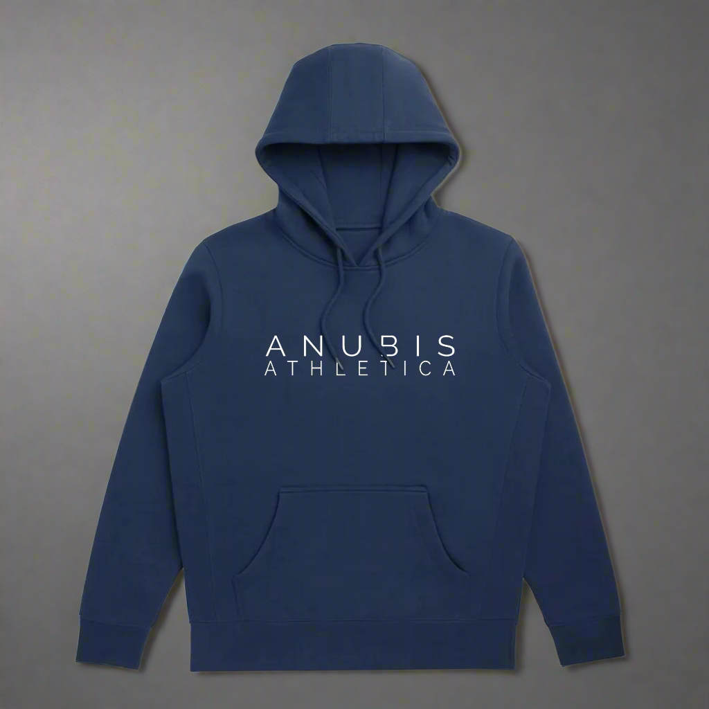 A navy blue hoodie with the brand name 'ANUBIS ATHLETICA' printed in white on the front.