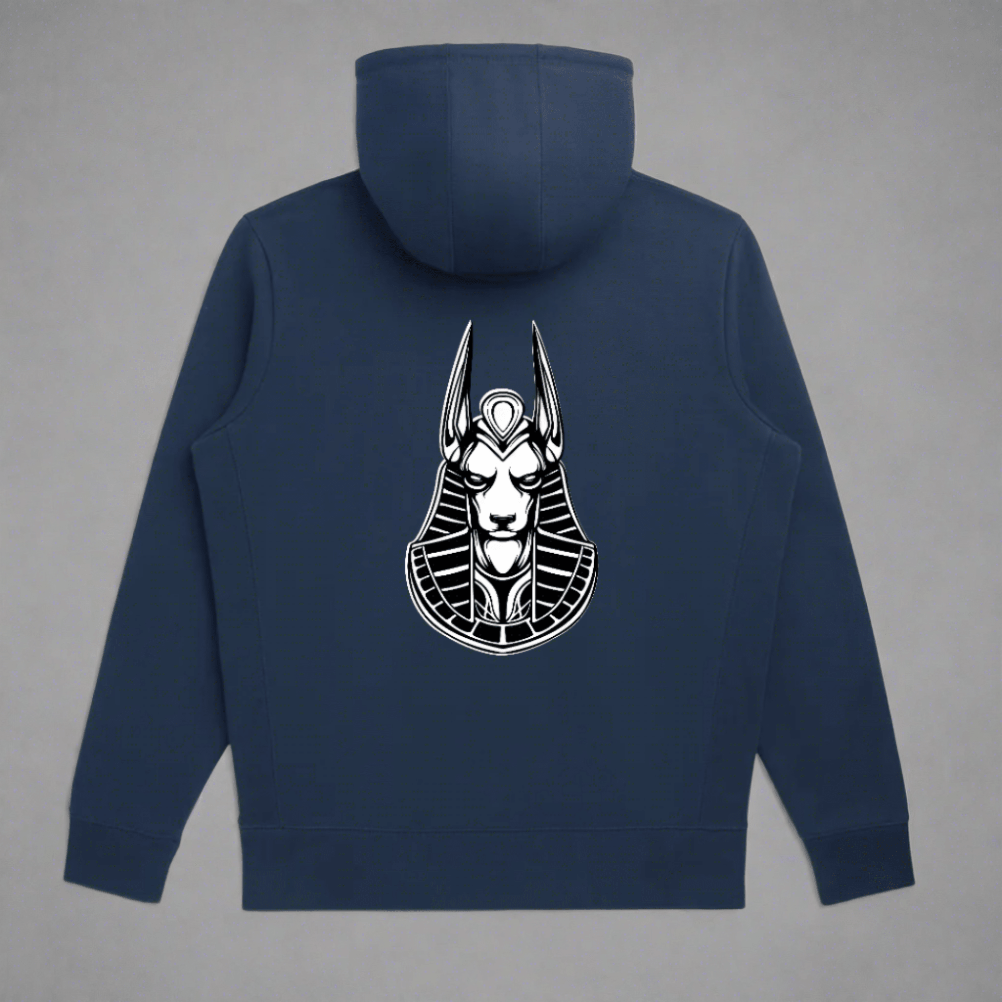 Back view of a blue Pull over hoodie with the logo of Anubis Athletica printed in the center