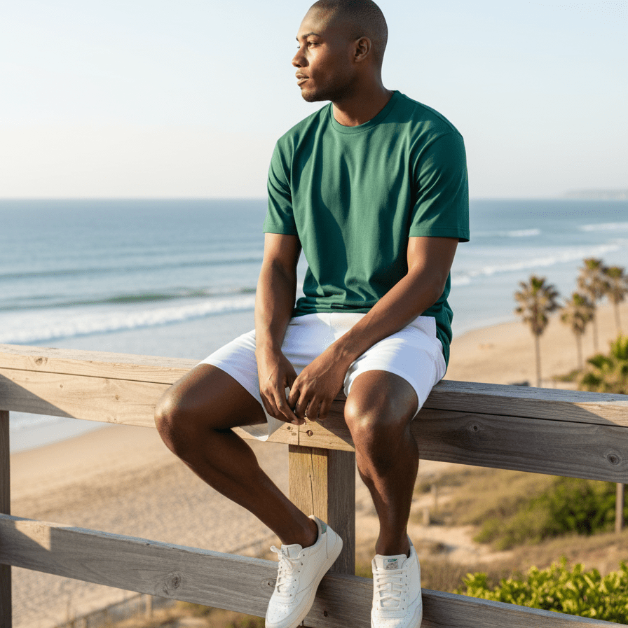 Man sitting on a wooden fence by the ocean wearing a green t-shirt and white shorts.