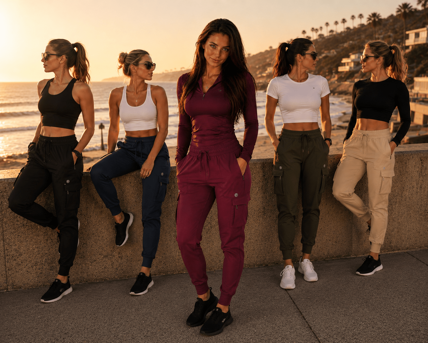 Five women posing on a concrete wall overlooking the ocean at sunset, each wearing a different color of matching jogger sweatpants: black, blue, burgundy, white, and olive green.