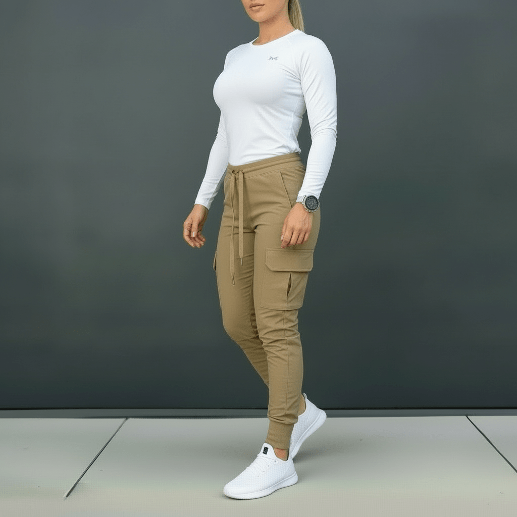 Person wearing a white long-sleeve top and beige pants against a dark background