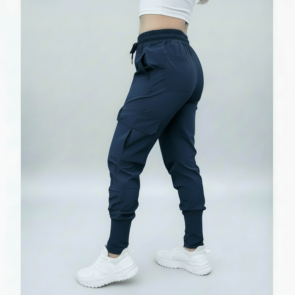 Person wearing navy jogger pants and white shoes on a white background