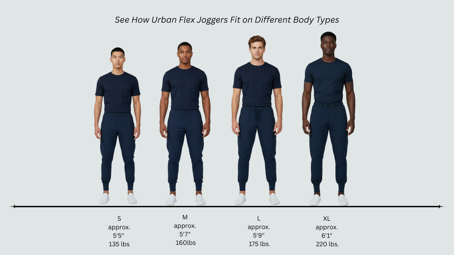 Comparison of Urban Flex Joggers on different body types with size chart.