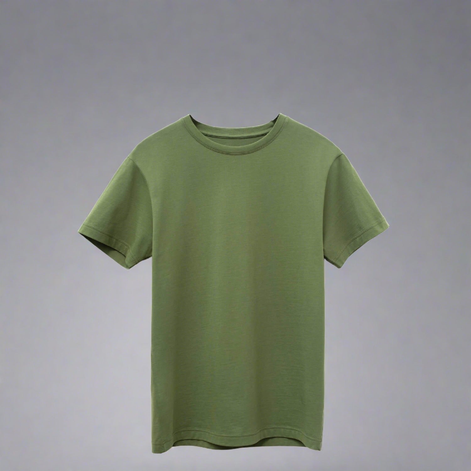 A green crew neck t-shirt made of SUPIMA cotton, displayed on a mannequin.