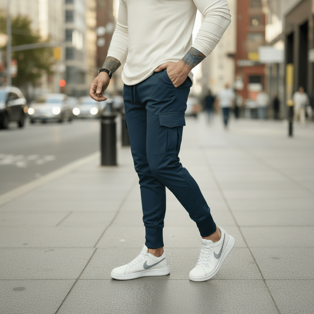 Person wearing navy cargo jogger pants and white sneakers on a plain background