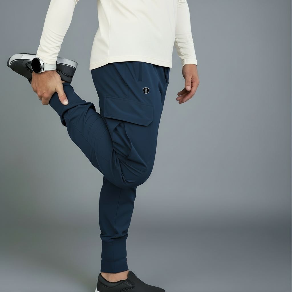 Person wearing navy jogger pants and black long-sleeve shirt on a gray background