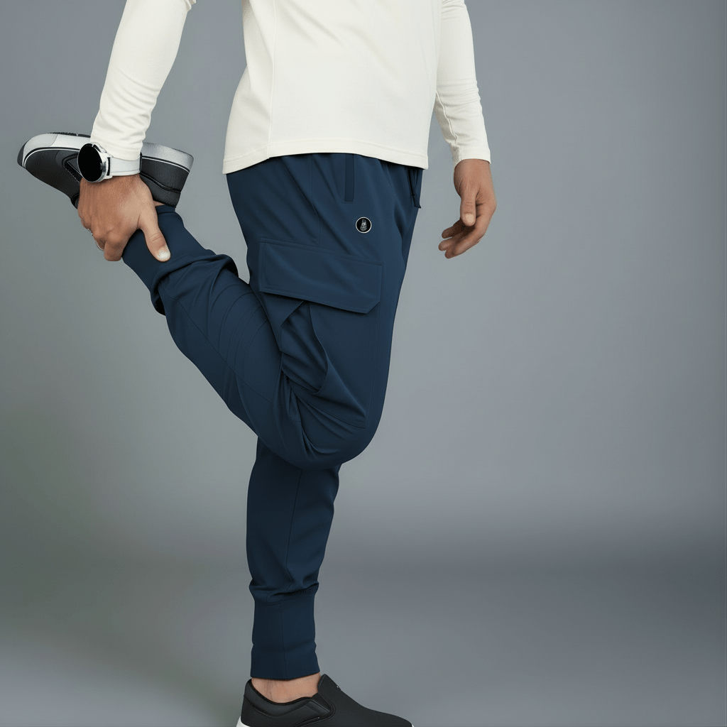 Person wearing navy jogger pants and black long-sleeve shirt on a gray background