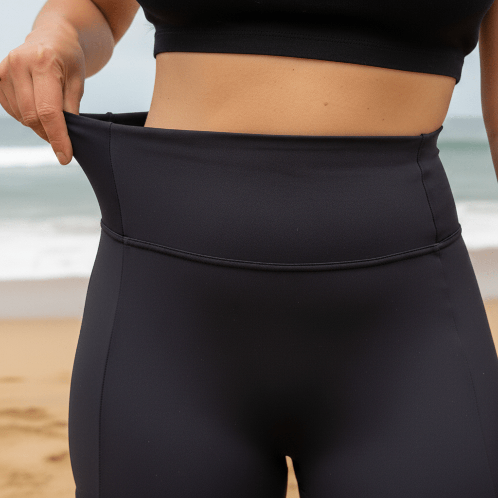 Close-up of a person wearing black high-waisted leggings and a black sports bra, pulling the waistband of the leggings outward to demonstrate stretch.