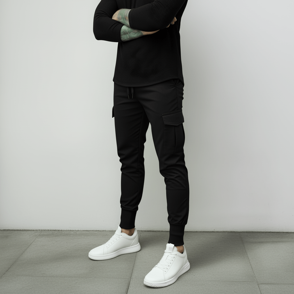 Person wearing a black outfit with white sneakers against a plain background