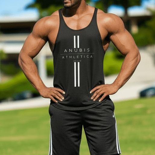 A man wearing a black tank top with 'ANUBIS ATHLETICA' text on the front.