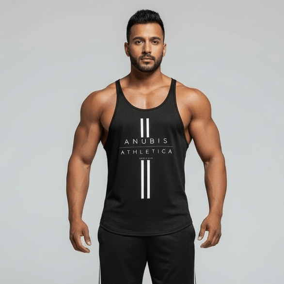 Man wearing a black tank top and shorts with 'Anubis Athletics' branding on a gray background.