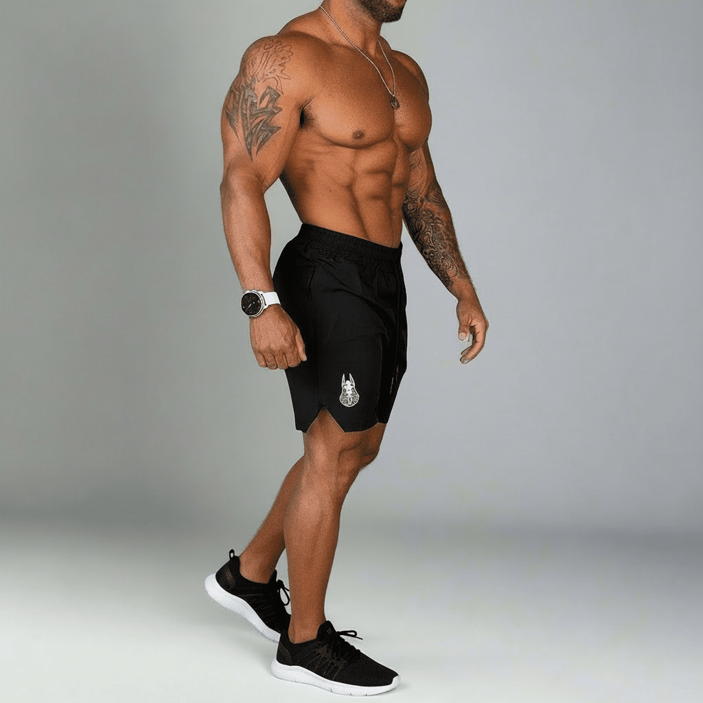 Muscular man wearing black athletic shorts and black sneakers on a gray background