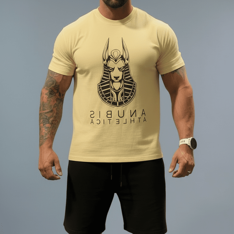 Man wearing a yellow t-shirt with a graphic design and text, black shorts, and black shoes on a gray background.