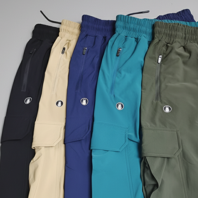 Five pairs of pants in black, beige, blue, green, and teal on a gray background.