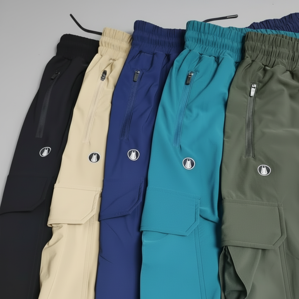 Five pairs of pants in black, beige, blue, green, and teal on a gray background.