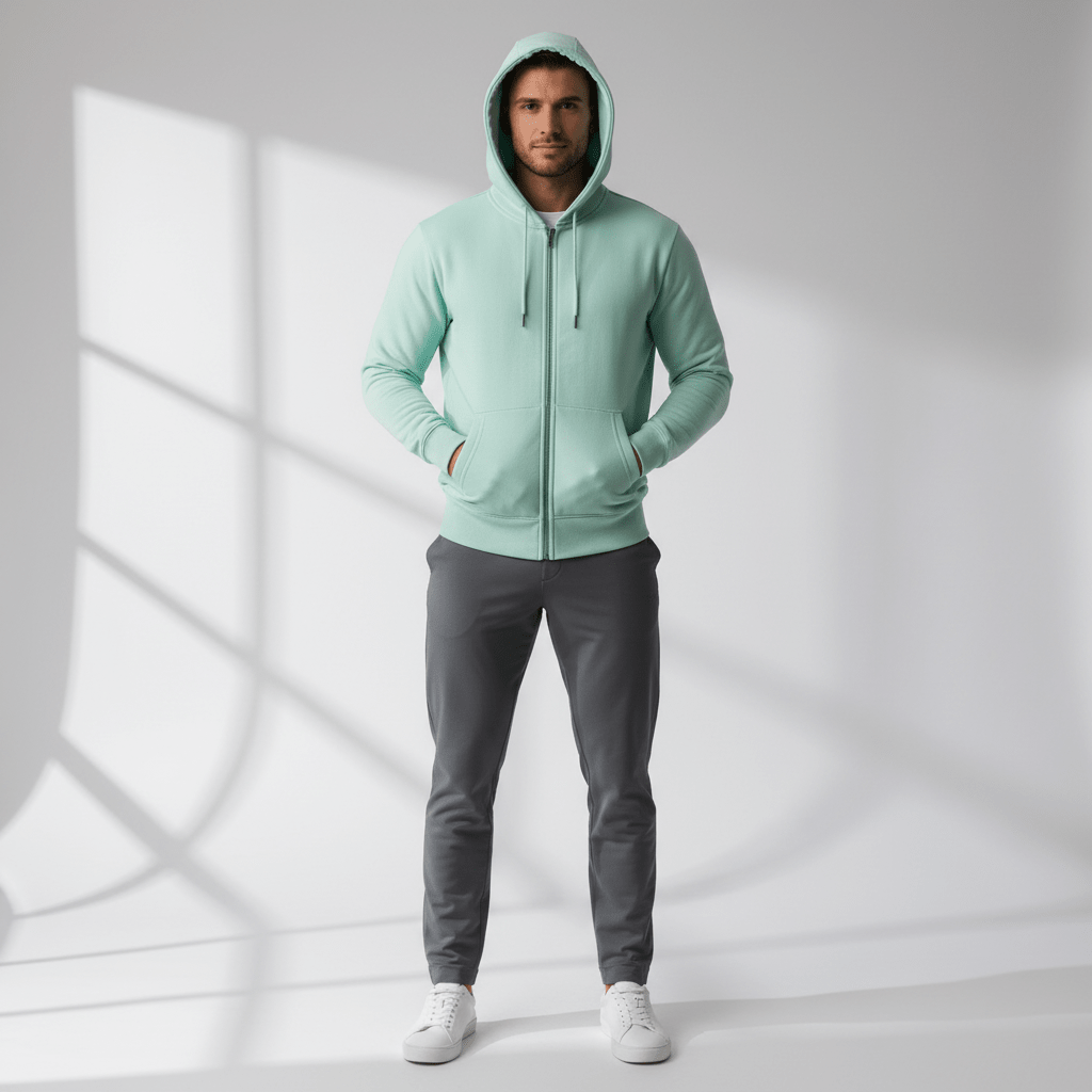 A tourmaline green zip-up hoodie with a hood, made from organic cotton, featuring a premium metal zipper.