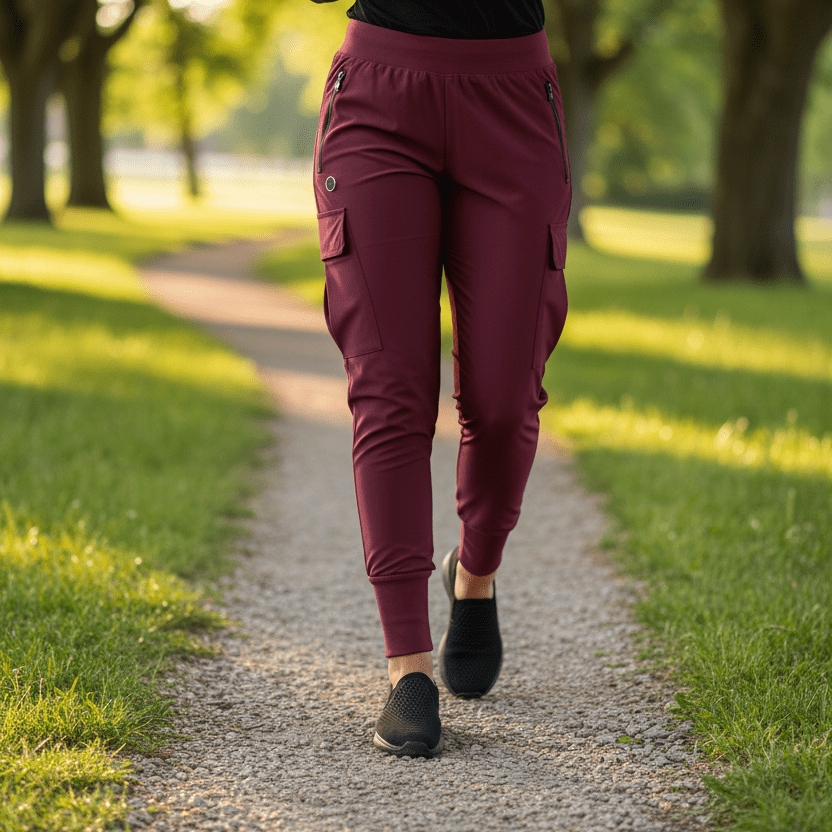 Maroon jogger pants worn by a person on a light gray background