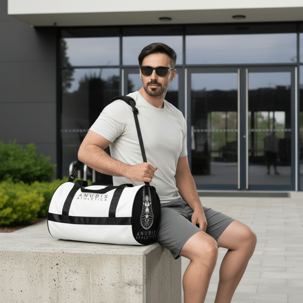 Man holding a Medium sized white gym bag