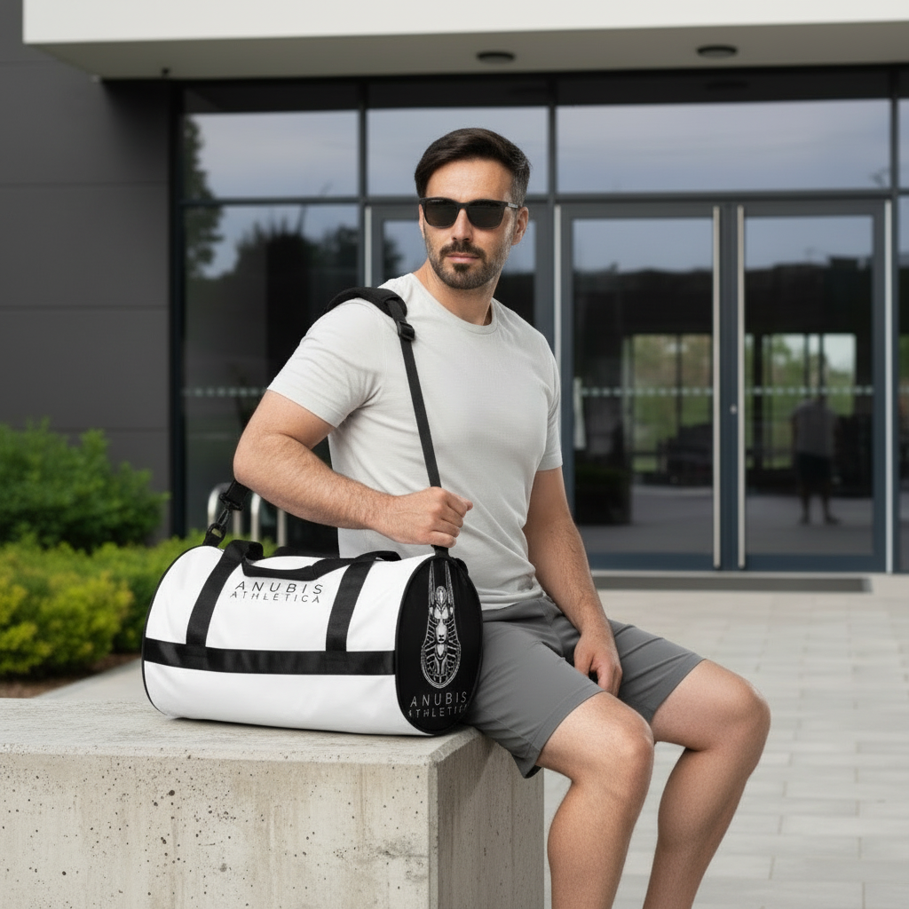 Man holding a Medium sized white gym bag