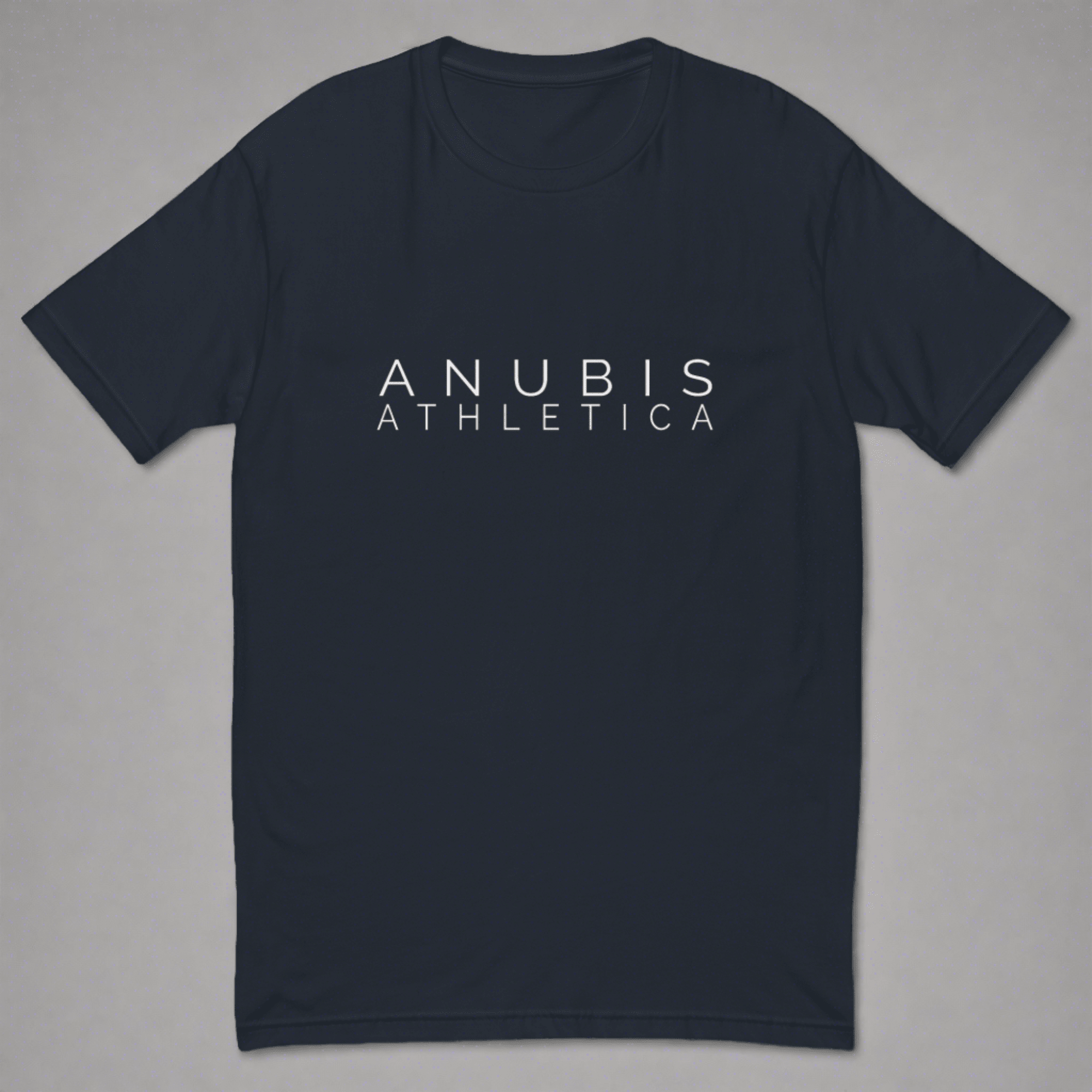 Fitted tee shirt in with the name Anubis Athletica on the front in white. Shirt is color midnight navy blue