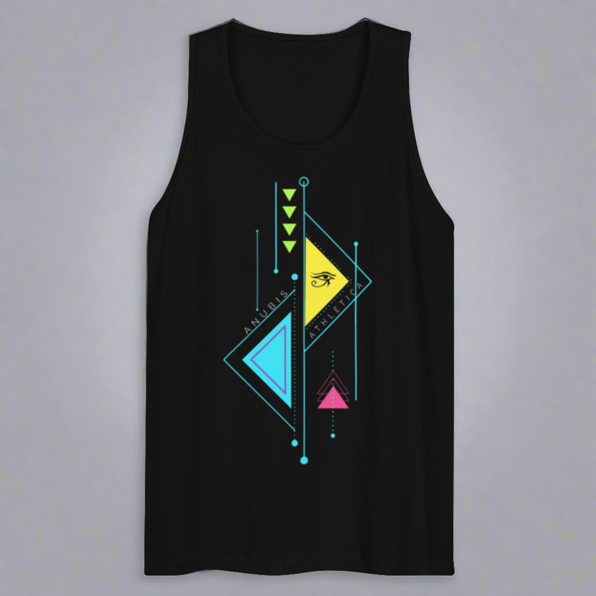 A men's black tank top with a geometric pattern featuring blue, yellow, and pink lines on the front.