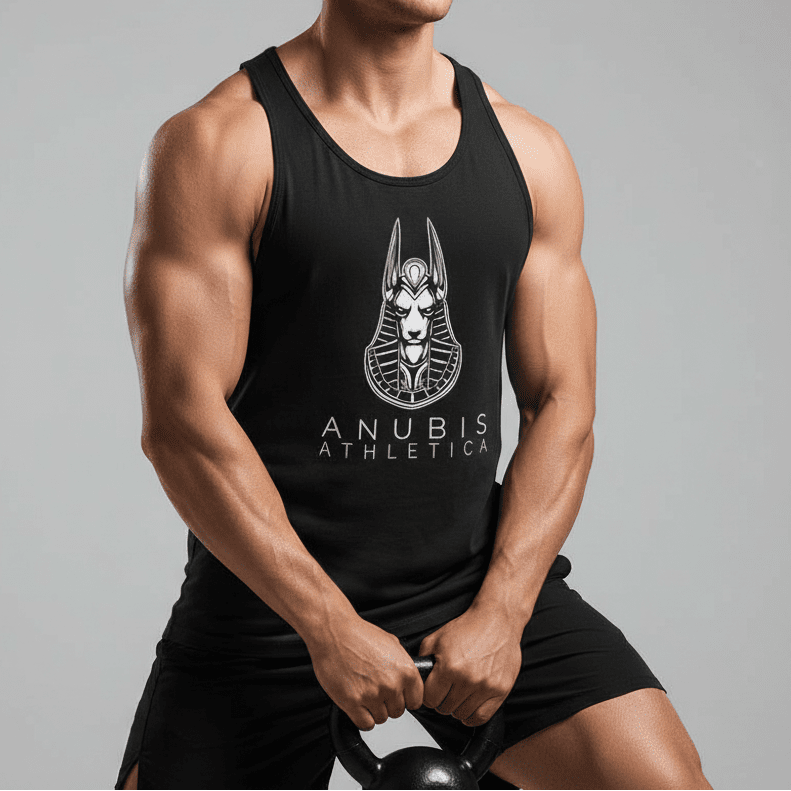 Black tank top with a graphic print of Anubis and the text 'ATHLETICA' on the front.