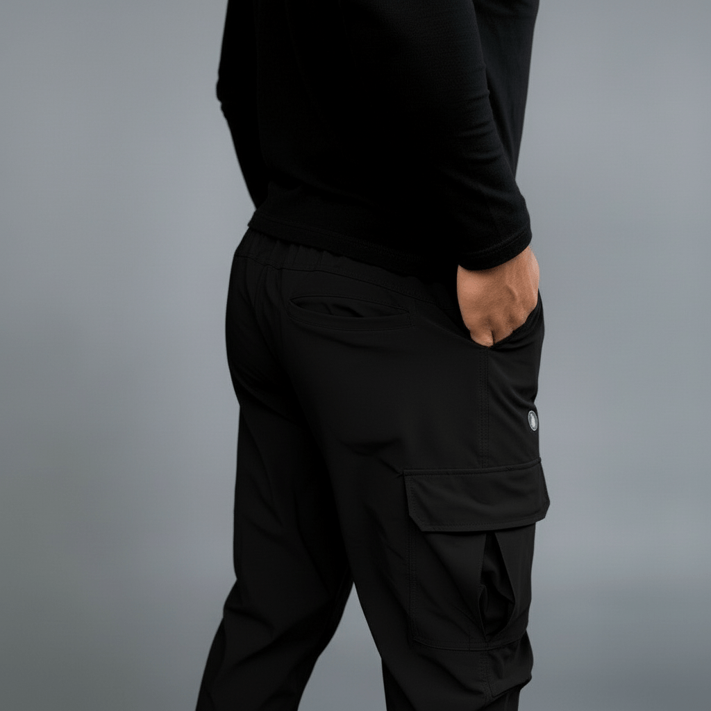 Person wearing black cargo pants and a black shirt on a gray background