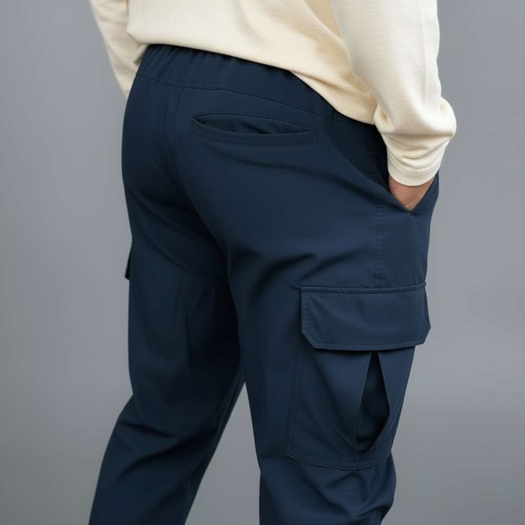 Person wearing navy cargo pants and a black long-sleeve shirt on a gray background