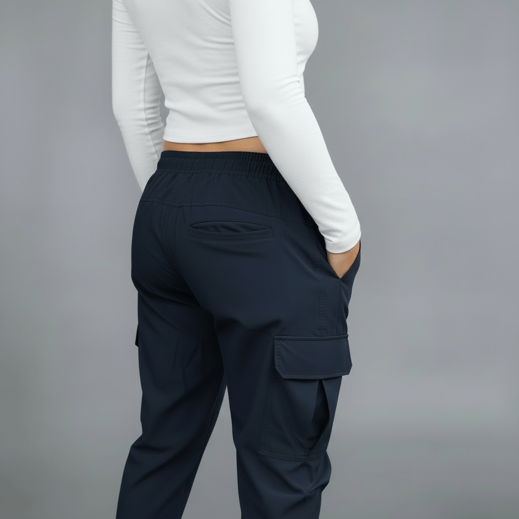 Person wearing navy cargo pants and a white long-sleeve top on a gray background