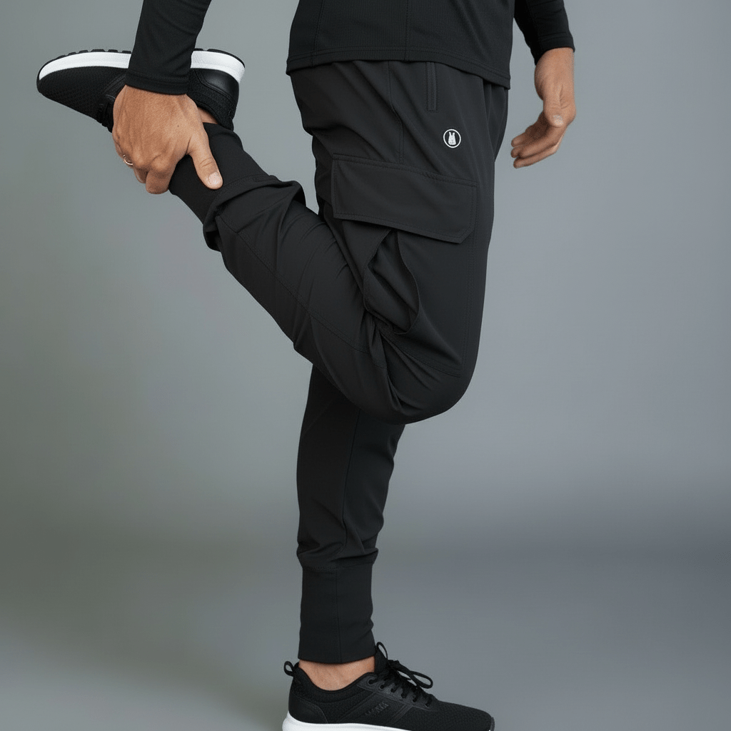 Person wearing black jogger pants and black long-sleeve shirt on a gray background