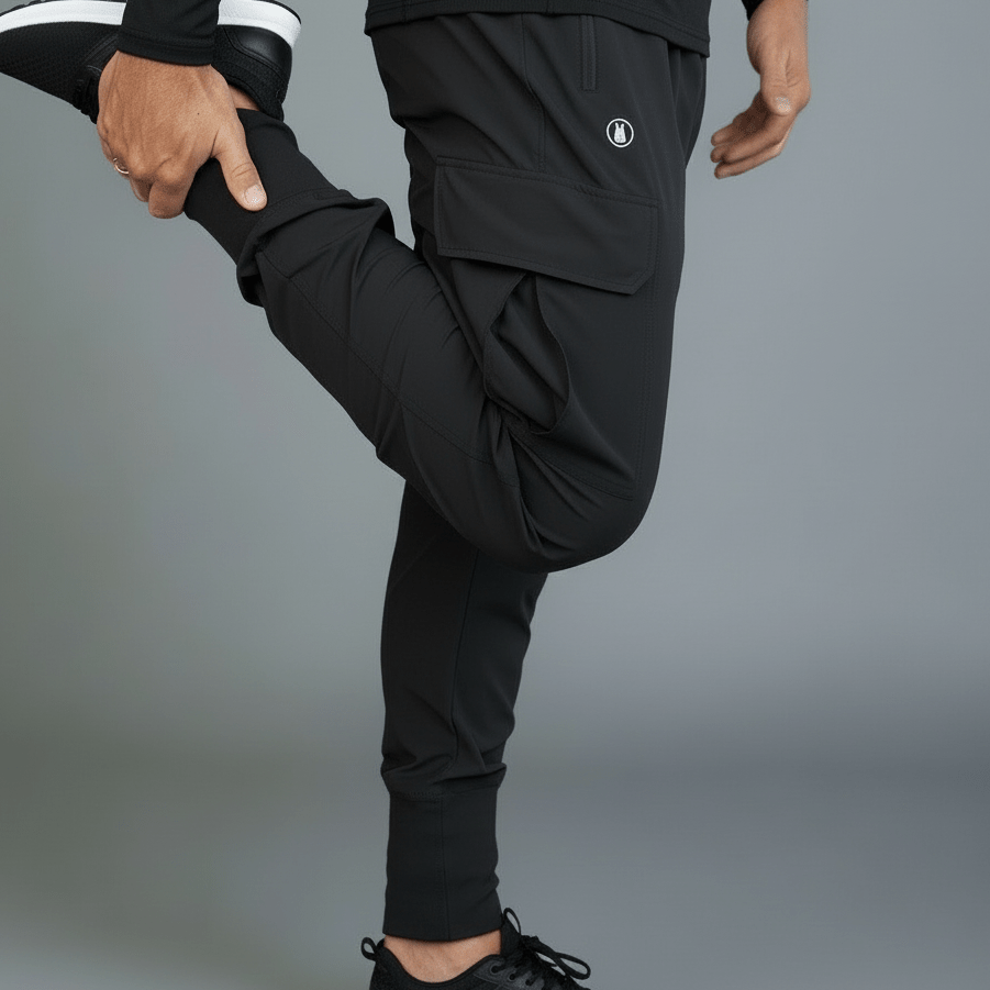 Person wearing black jogger pants and black long-sleeve shirt on a gray background