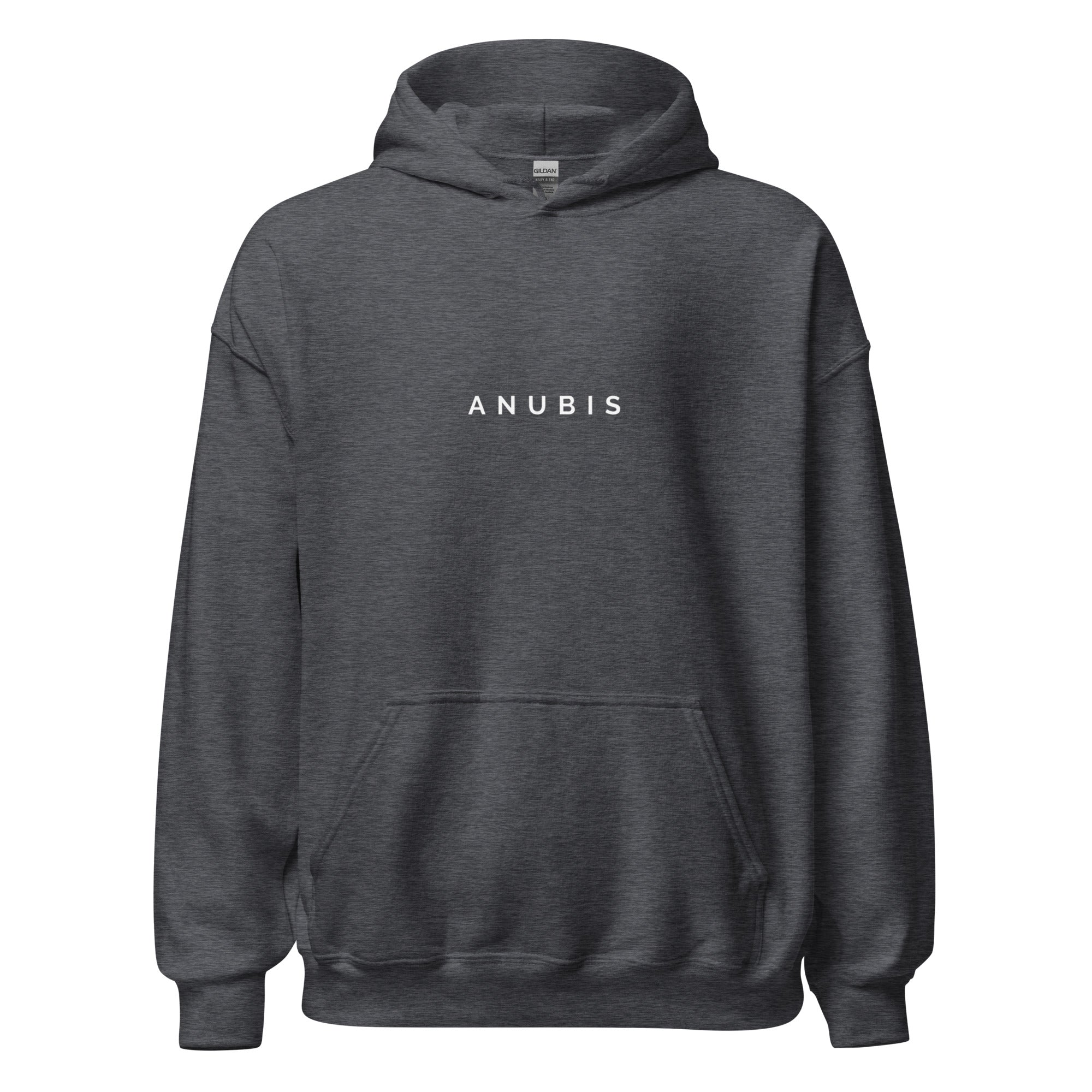 Pullover hoodie with the name Anubis in white print on the front. Hoodie is color dark heather gray