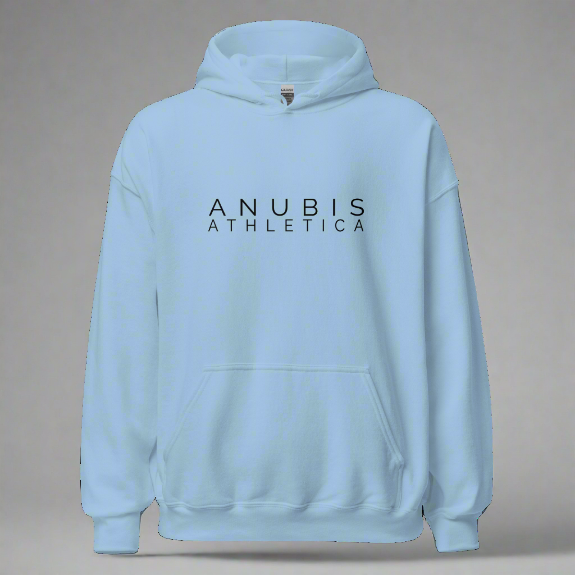 A pull over hoodie with the words Anubis Athletica printed in black on the front. Hoodie is color light blue