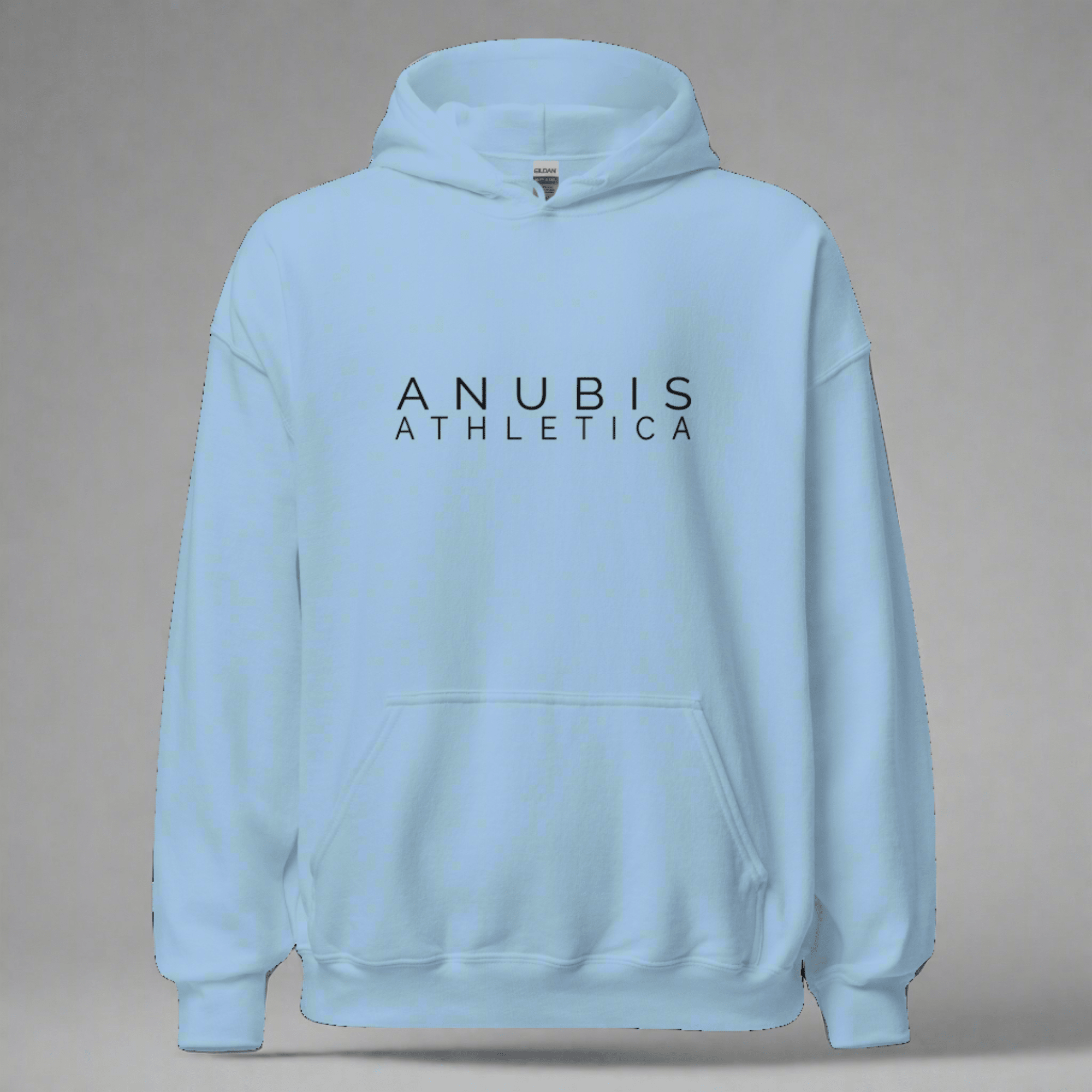 A pull over hoodie with the words Anubis Athletica printed in black on the front. Hoodie is color light blue