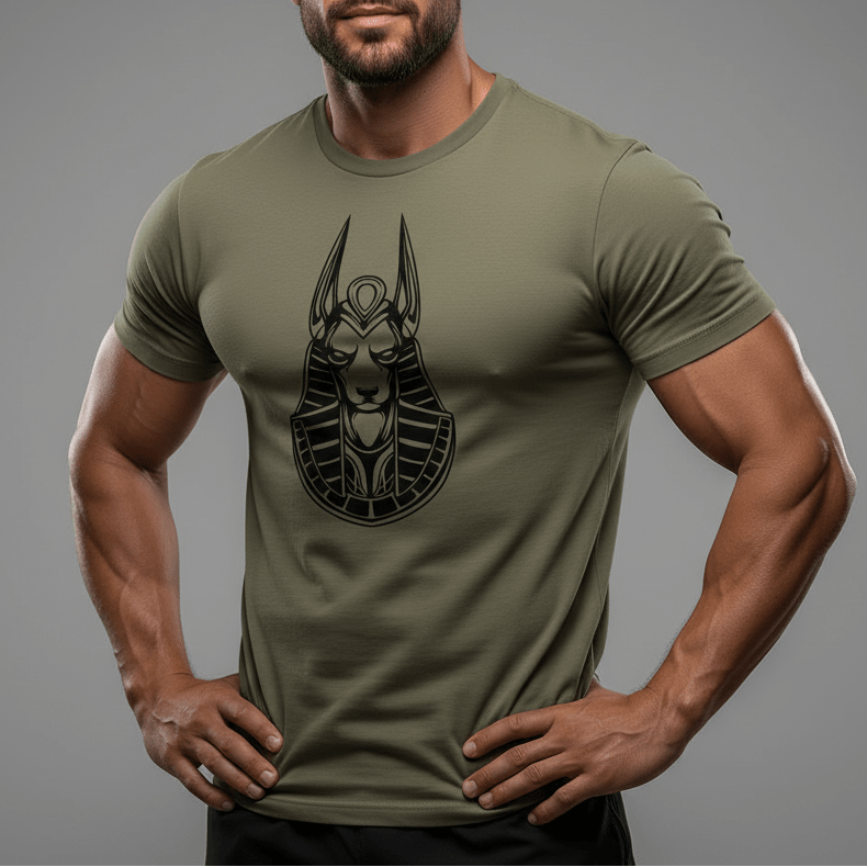 Man wearing a green t-shirt with a black graphic design on a gray background