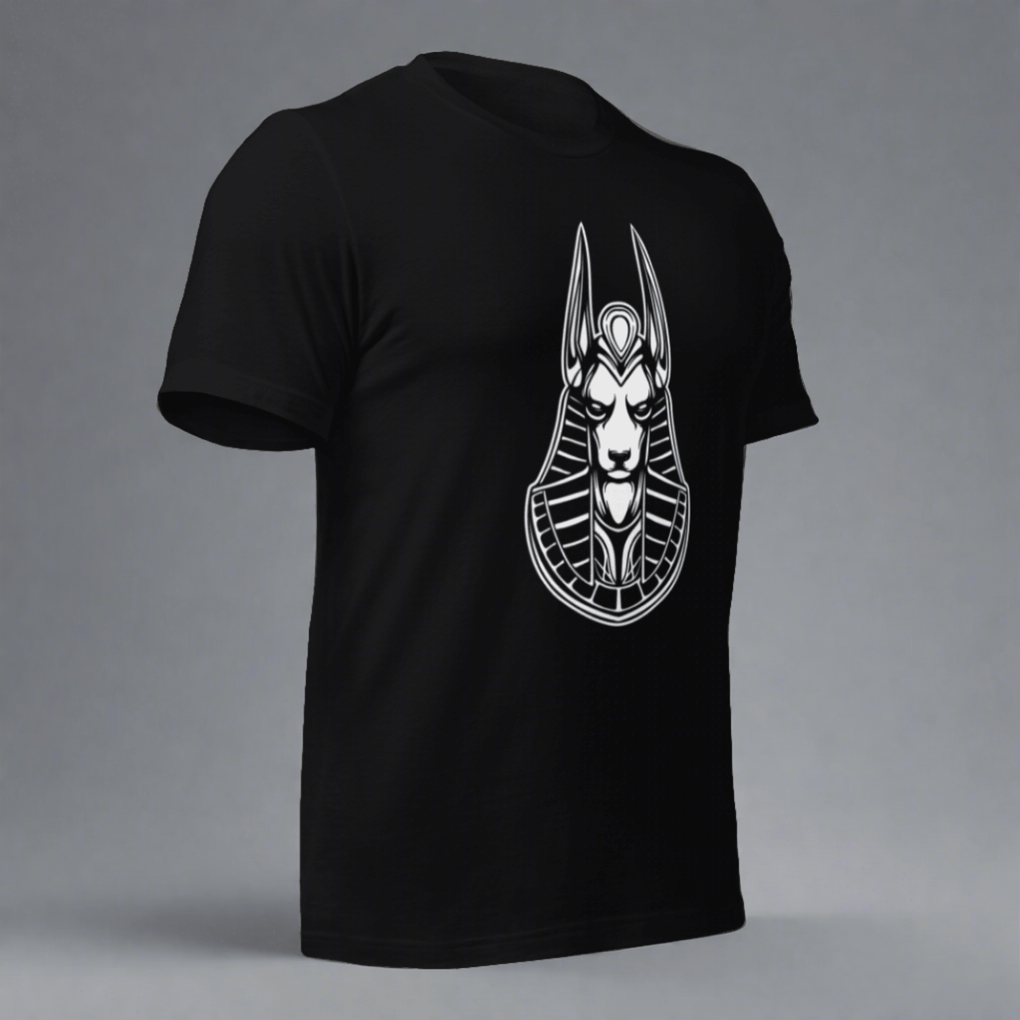 A black crew neck t-shirt with a white graphic of a character on the front.