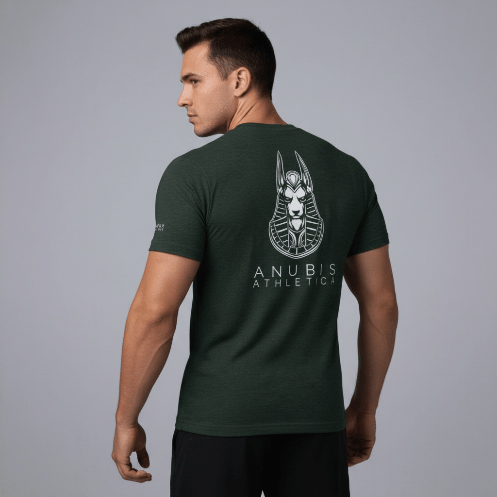 A gray crew neck t-shirt with a graphic print of Anubis on the back, branded with 'ANUBIS ATHLETICA'.