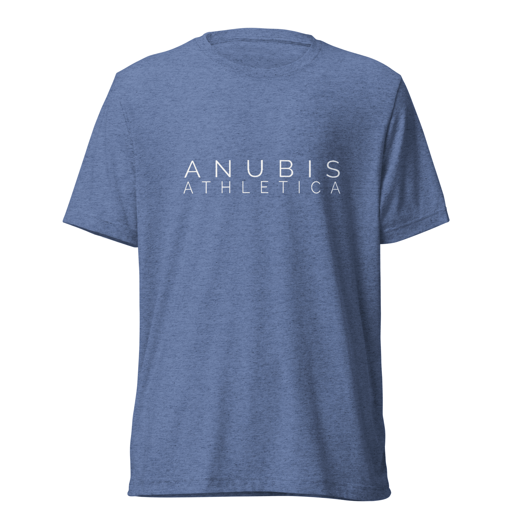 tee shirt with the name Anubis Athletica printed in white in the center. The shirt is color blue