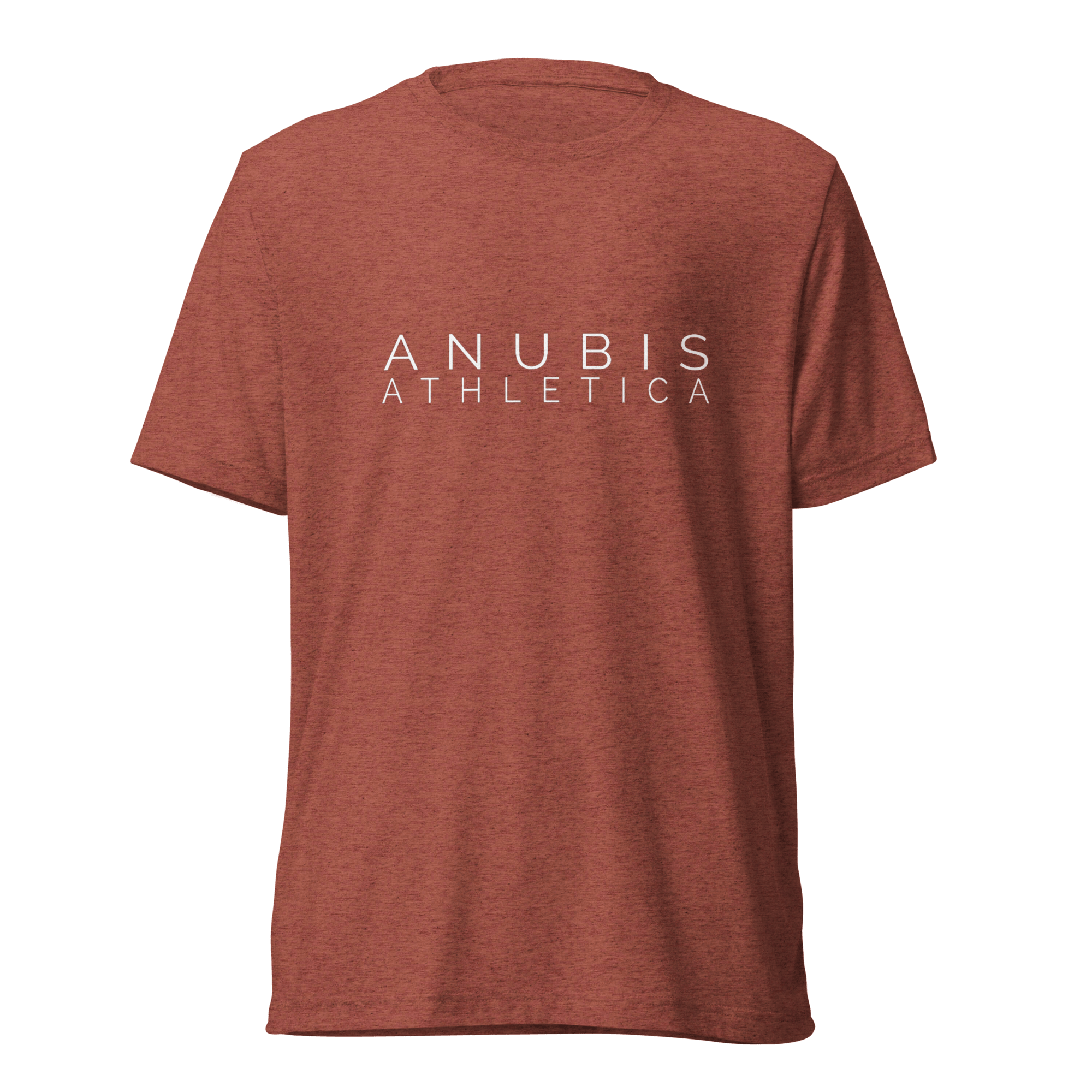 tee shirt with the name Anubis Athletica printed in white in the center. The shirt is color clay