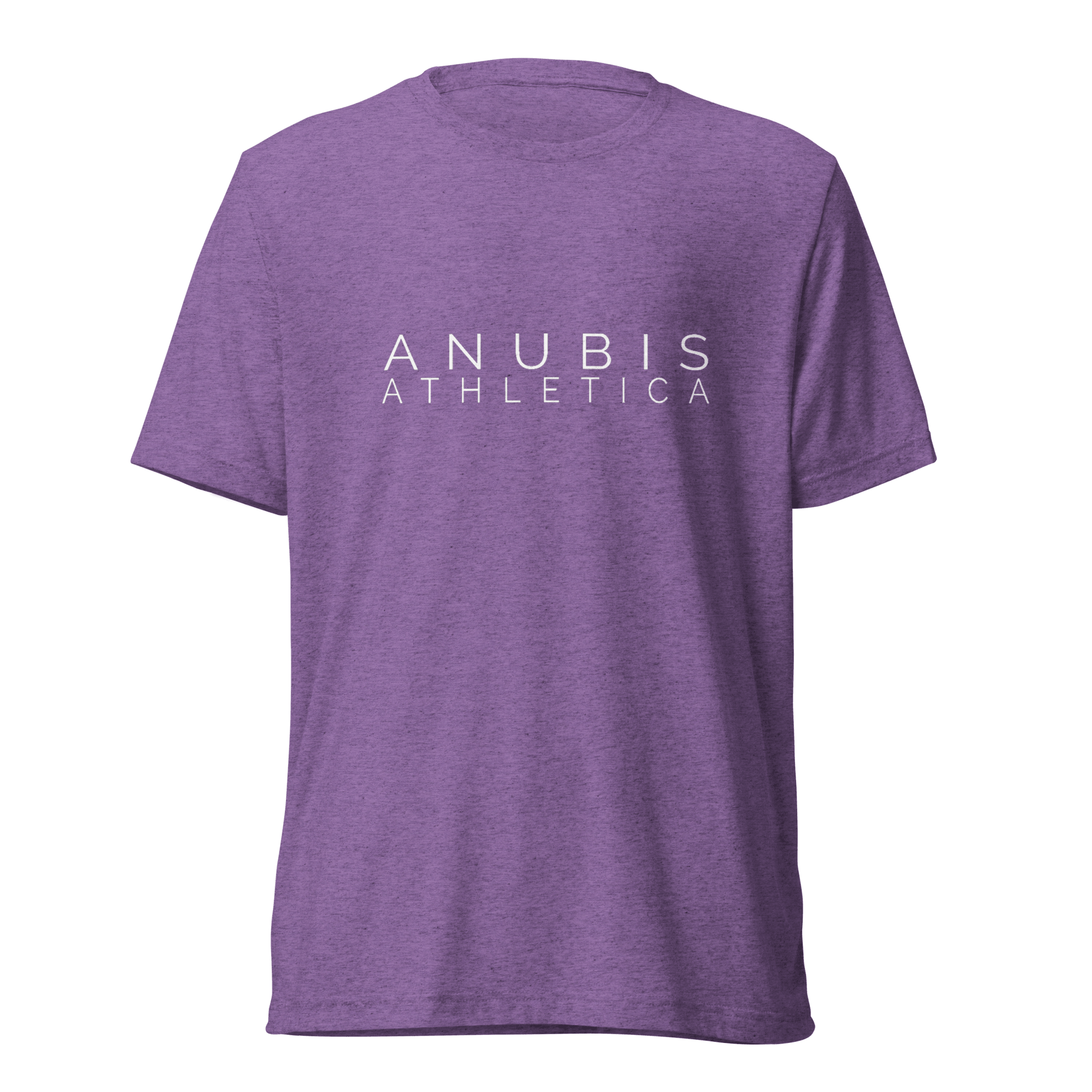 tee shirt with the name Anubis Athletica printed in white in the center. The shirt is color purple