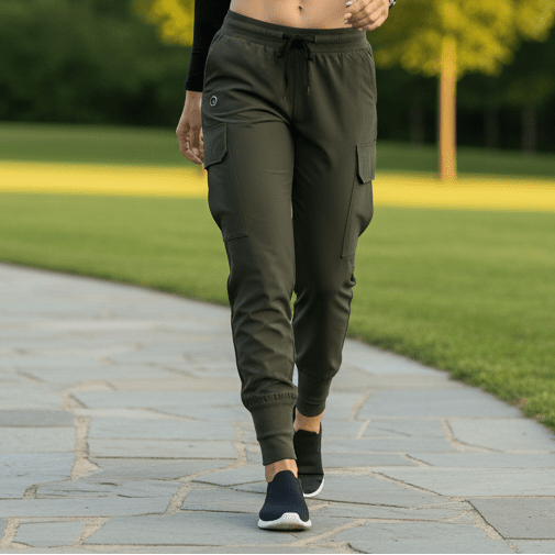 Person wearing green cargo jogger pants walking on a stone path with grass and trees in the background.