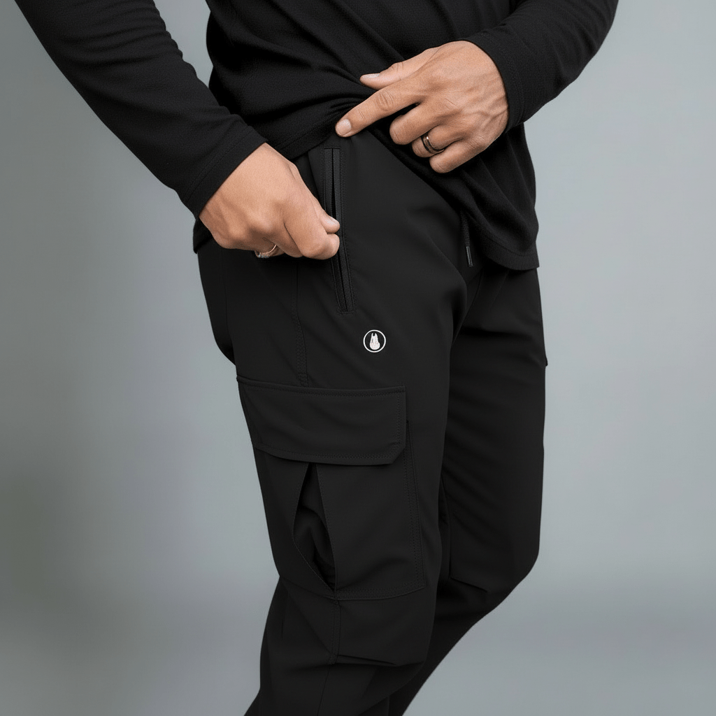 Person wearing black cargo pants with a visible brand logo on a gray background