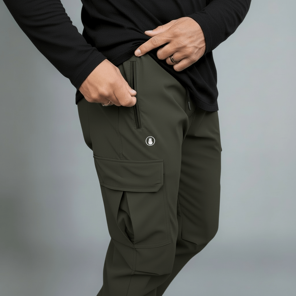 Person wearing dark green cargo pants with a brand logo on a gray background