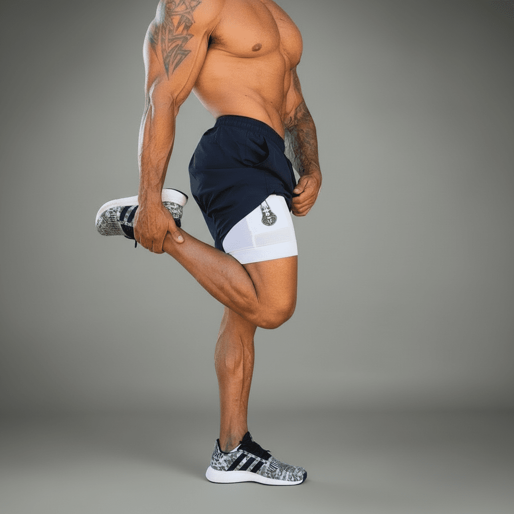 A person wearing black Guardian double-layer shorts with a white liner, showcasing the shorts' fit and length.