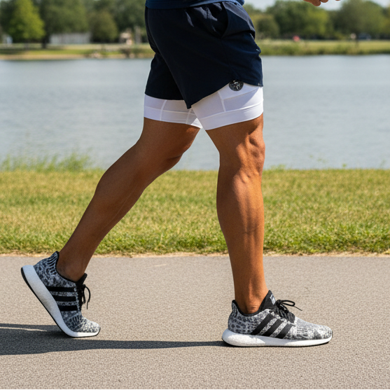 Person walking outdoors on a path by a lake, wearing athletic shorts and shoes.