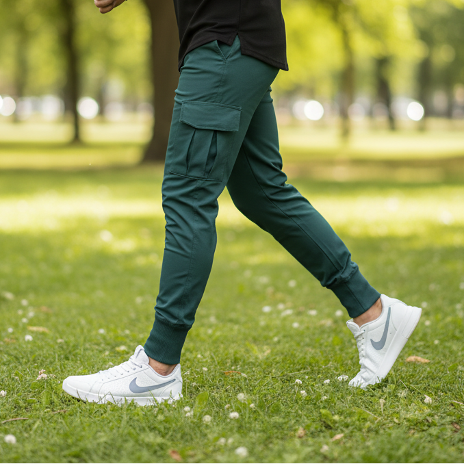 Person wearing green cargo pants and white sneakers walking on grass with trees in the background